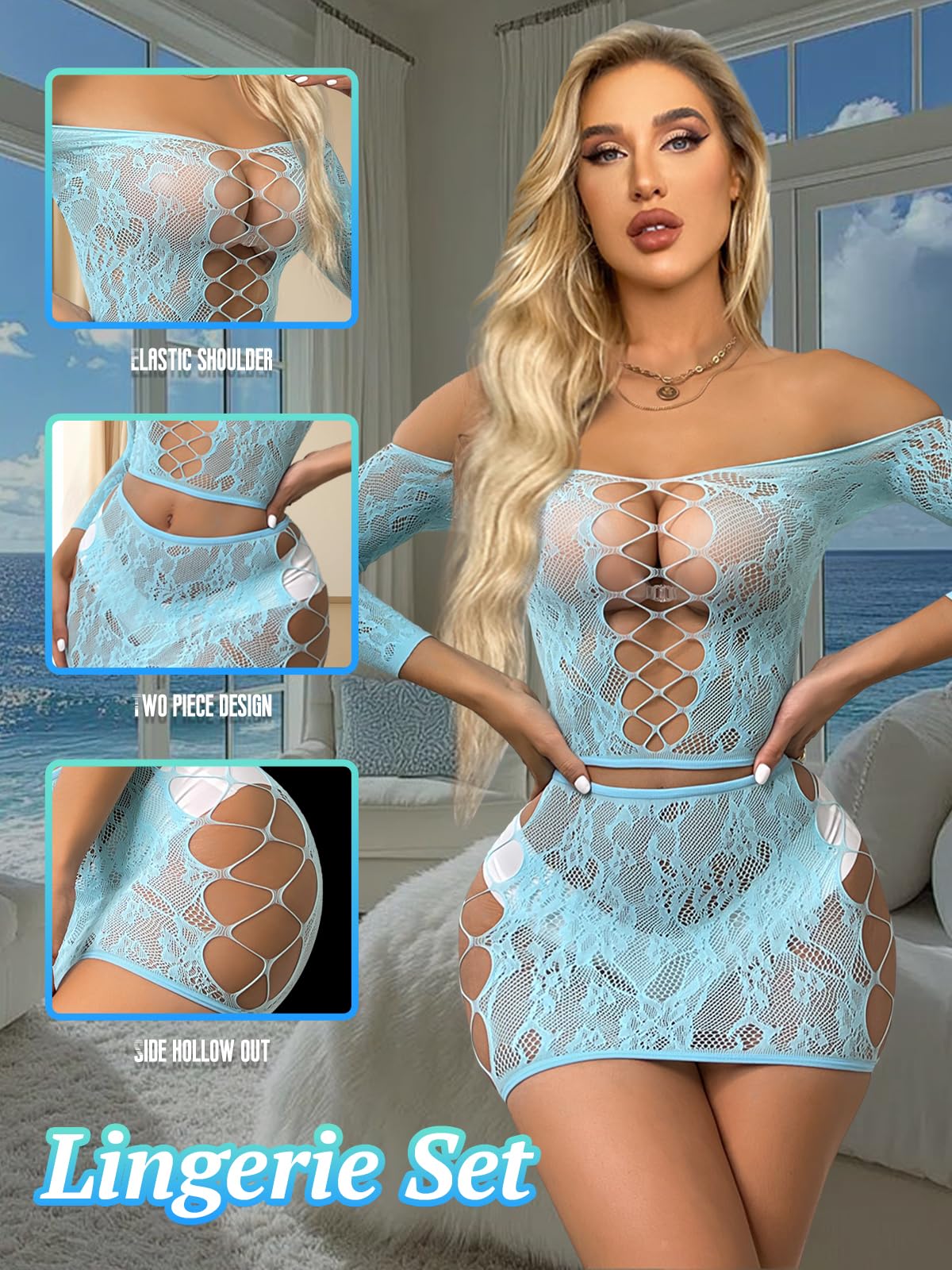 Blue Lace Backless Lingerie Dress - Image 2